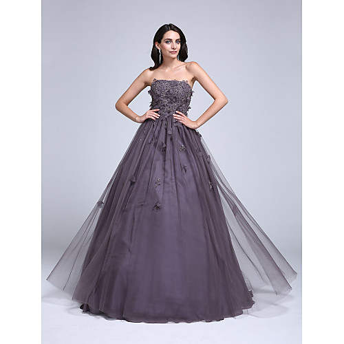 

Ball Gown Floral Quinceanera Formal Evening Dress Strapless Sleeveless Floor Length Tulle with Beading Appliques 2021