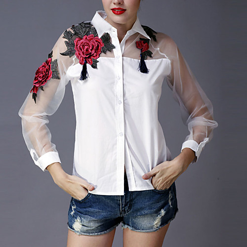 

Women's Shirt Embroidered Long Sleeve Going out Tops Sophisticated White Black