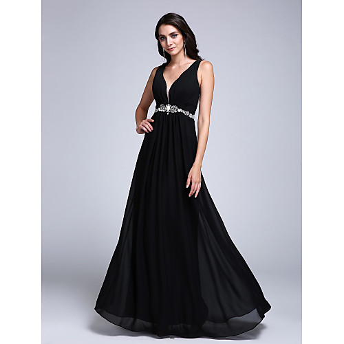

A-Line See Through Formal Evening Dress Plunging Neck Sleeveless Floor Length Chiffon with Beading Side Draping 2021