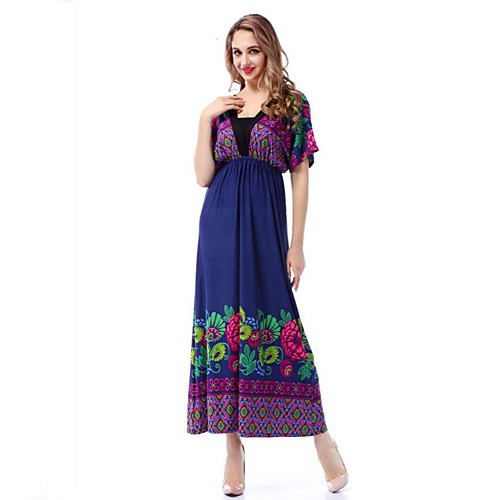 

Women's Swing Dress Maxi long Dress Navy Blue Short Sleeve Print Summer Asymmetrical Boho Beach Boho Bohemia Beach L XL XXL 3XL 4XL 5XL / Plus Size / Plus Size