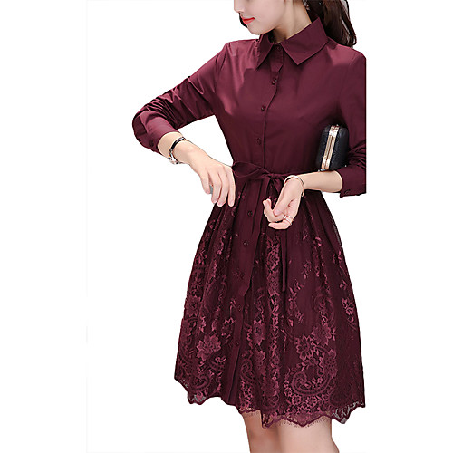 

Women's Loose Knee Length Dress Purple Long Sleeve Solid Colored Fall Spring Shirt Collar Casual Streetwear Sophisticated Lace S M L XL XXL