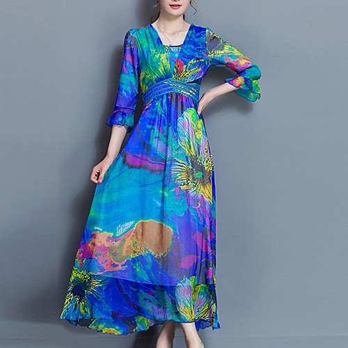 

Women's Sheath Dress Midi Dress Blue Blushing Pink Green Lavender Blue Abstract Ruched Print Summer V Neck Sophisticated Floral S M L XL XXL 3XL / Plus Size