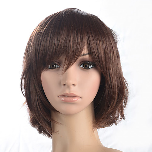 

Synthetic Wig Curly Curly Bob Short Bob With Bangs Wig Medium Length Auburn Synthetic Hair Women's With Bangs Brown