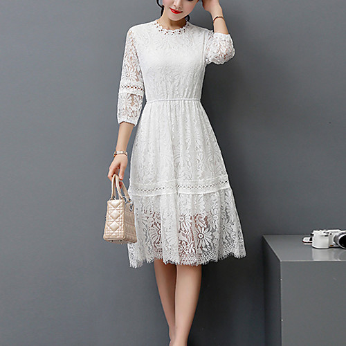 

Women's A Line Dress Knee Length Dress White Black Solid Colored Spring Summer Crew Neck Streetwear Lace S M L XL XXL