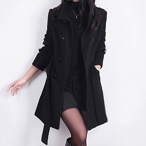 

Long Coat Solid Colored Streetwear Winter Coat Long Daily Long Sleeve Wool Coat Tops Black