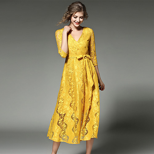 

Women's Lace Midi Dress Yellow Patchwork V Neck Vintage Streetwear Sophisticated Party Holiday Going out Cotton Lace S M L XL XXL