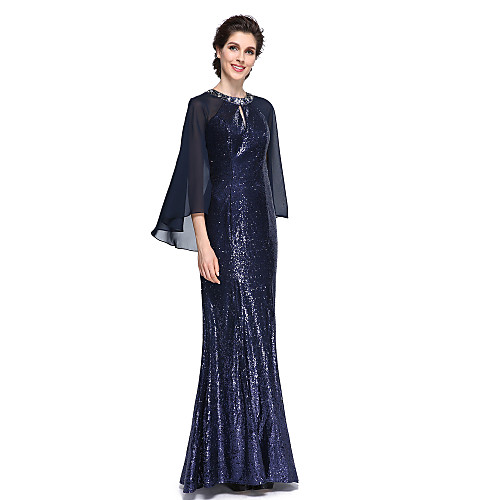 

Mermaid / Trumpet Mother of the Bride Dress Elegant Keyhole Jewel Neck Floor Length Chiffon Sequined Long Sleeve with Sequin 2021