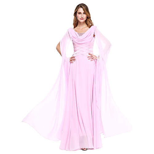 

A-Line Mother of the Bride Dress Elegant Jewel Neck Floor Length Chiffon Long Sleeve with Beading 2021