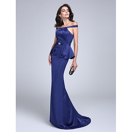 

Sheath / Column Formal Evening Dress Off Shoulder Sleeveless Floor Length Charmeuse with Sash / Ribbon Criss Cross Ruffles 2021