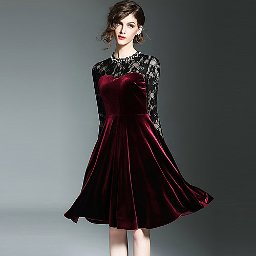 

Women's A Line Dress Knee Length Dress Wine Long Sleeve Patchwork Lace Spring Summer Round Neck Streetwear Velvet S M L XL