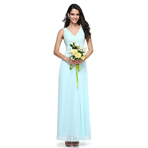 

Sheath / Column V Neck Floor Length Chiffon Bridesmaid Dress with Criss Cross / Side Draping