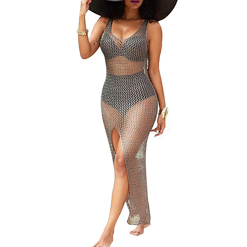 

Women's Bodycon Maxi long Dress Gray Sleeveless Solid Colored Split Mesh Summer Round Neck S M L XL
