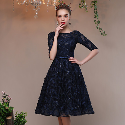 

A-Line Cocktail Party Formal Evening Dress Jewel Neck Half Sleeve Knee Length Lace Tulle with Lace Bow(s) Bandage 2021