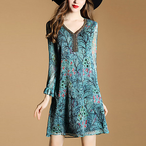 

Women's Loose Short Mini Dress Red Light Blue Long Sleeve Print Mesh Spring Summer V Neck Streetwear