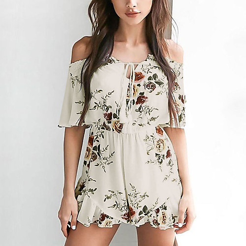 

Women's Boho Holiday Going out Boat Neck Off Shoulder White Romper Floral Color Block Backless