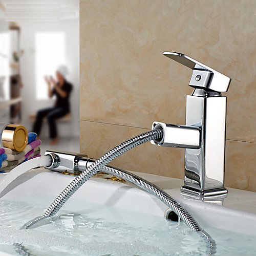 

Contemporary Art Deco/Retro Centerset Pullout Spray Ceramic Valve Single Handle One Hole Chrome, Bathroom Sink Faucet