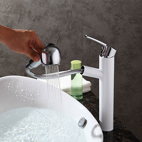 

Art Deco/Retro Modern Centerset Pullout Spray Ceramic Valve Single Handle One Hole Chrome, Bathroom Sink Faucet