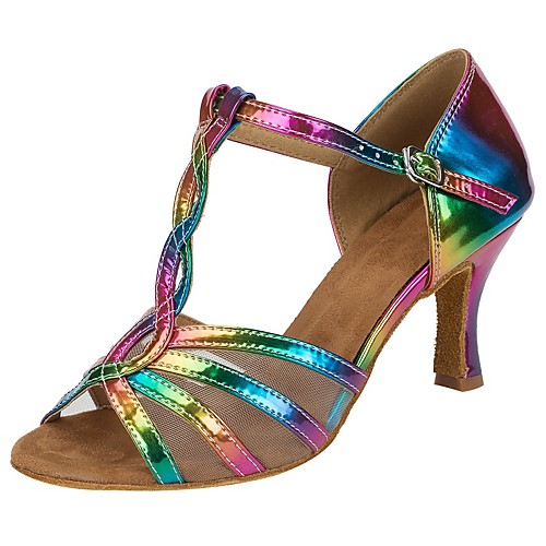 

Women's Dance Shoes Faux Leather Salsa Shoes Buckle / Ruffles Sandal / Heel Customized Heel Customizable Rainbow / Performance