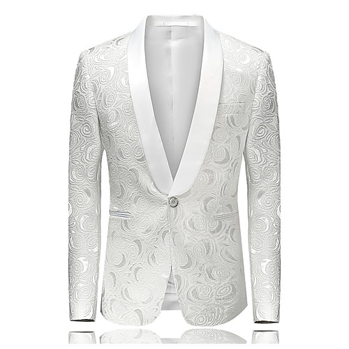 

Men's Party / Daily / Going out Street chic / Sophisticated Spring / Fall / Winter Plus Size Regular Blazer, Floral V Neck Long Sleeve Cotton / Polyester Jacquard White / Slim