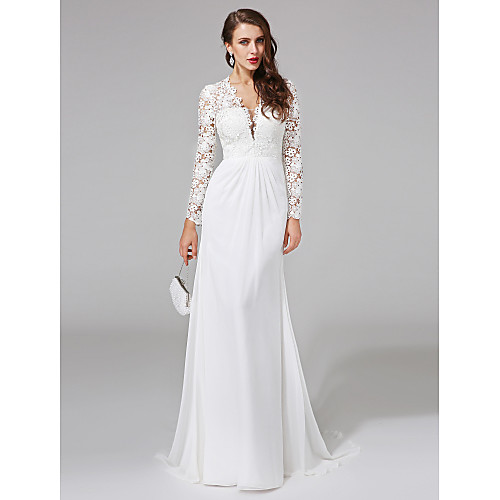 

Sheath / Column Wedding Dresses V Neck Sweep / Brush Train Chiffon Floral Lace Long Sleeve Romantic Boho Illusion Sleeve with Lace Button 2021