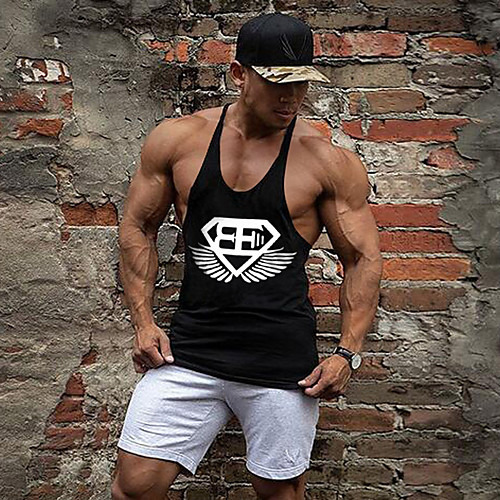 

Men's Tank Top Racerback Print Sleeveless Sports Tops Cotton Active White Black Blue