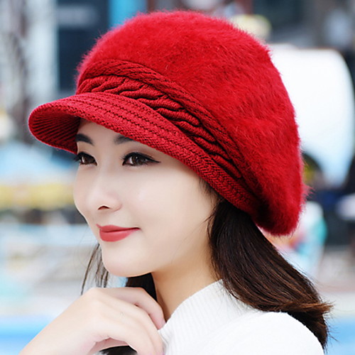 

Women's Vintage Rabbit Fur Baseball Cap-Solid Colored Black Wine Purple