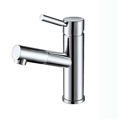 

Contemporary Art Deco/Retro Centerset Pullout Spray Ceramic Valve Single Handle One Hole Chrome, Bathroom Sink Faucet