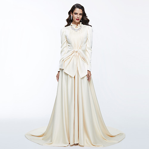 

A-Line Celebrity Style White Engagement Formal Evening Dress High Neck Long Sleeve Chapel Train Satin with Bow(s) Pleats 2021