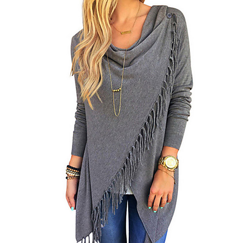 

Women's Going out Plus Size T-shirt Solid Colored Plain Long Sleeve Tassel Fringe Round Neck Tops Cotton Tassel Streetwear Basic Top White Black Red