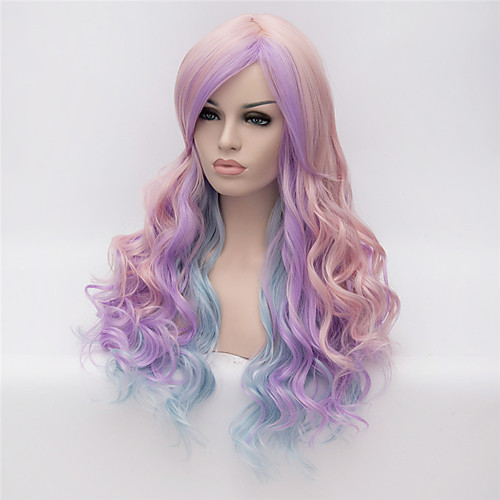 

Synthetic Wig Curly Kardashian Curly Asymmetrical With Bangs Wig Pink Long Pink / Purple Synthetic Hair Women's Natural Hairline Blue Pink