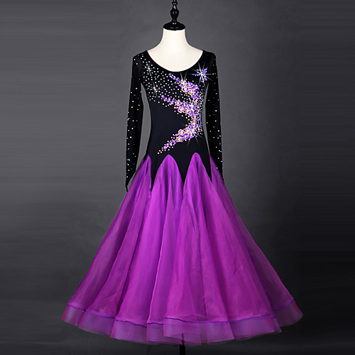 

Ballroom Dance Dress Crystals / Rhinestones Women's Performance Long Sleeve Chinlon Organza Social DanceWear Dress Stage Wear Purple