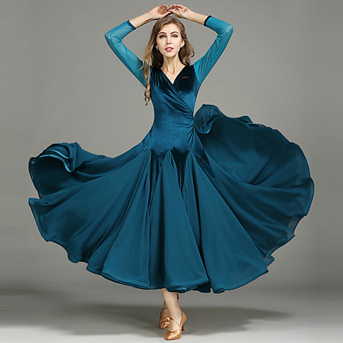 

Ballroom Dance Dress Ruffles Women's Performance Long Sleeve Chiffon Velvet