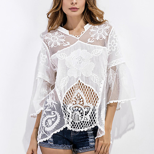 

Women's Blouse Patchwork Cut Out Lace Holiday Tops White