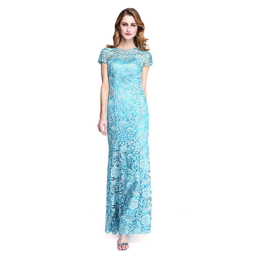 

Sheath / Column Mother of the Bride Dress See Through Jewel Neck Floor Length Lace Short Sleeve with Lace 2021