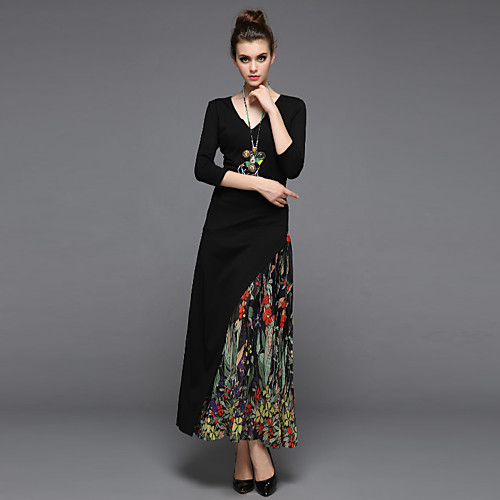 

Women's Sheath Dress Maxi long Dress Black Print Spring Summer V Neck S M L XL XXL