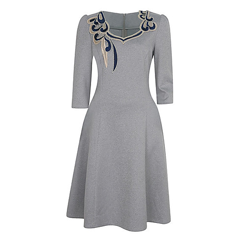

Women's A Line Dress Knee Length Dress Green Dark Gray Light Green 3/4 Length Sleeve Solid Colored Embroidered Fall Spring Round Neck S M L XL XXL 3XL 4XL / Plus Size