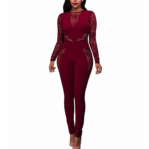 

Women's Streetwear Daily Club Lace Wine Jumpsuit Lace Print