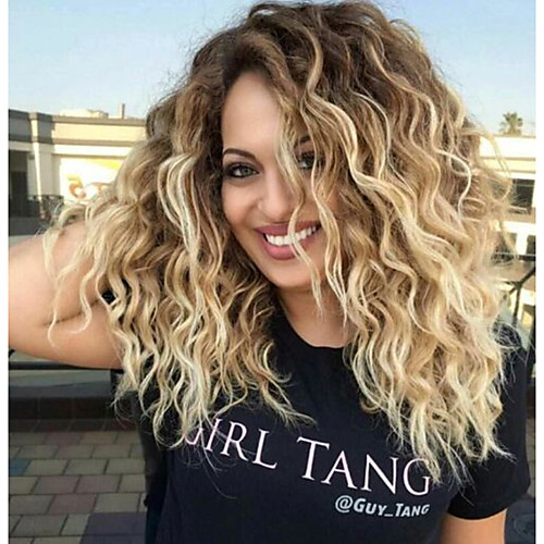 Synthetic Wig Curly Wavy Curly Wig Blonde Medium Length Brown Blonde Synthetic Hair Women S Ombre Hair Dark Roots Middle Part Blonde Strongbeauty