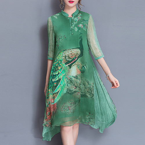 

Women's Loose Knee Length Dress Green Lavender Half Sleeve Animal Print Spring Summer Stand Collar Chinoiserie M L XL XXL 3XL / Plus Size