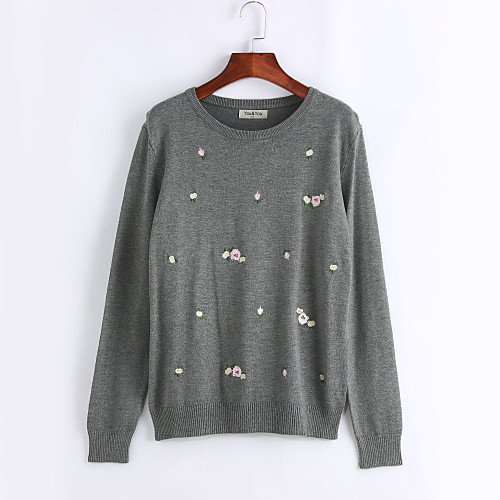 

Women's Print Pullover Long Sleeve Plus Size Regular Sweater Cardigans Round Neck Fall Black Red Gray / Embroidery