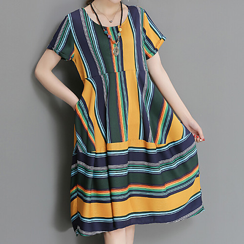 

Women's Loose Knee Length Dress Black Short Sleeve Striped Summer Round Neck Chinoiserie Boho L XL XXL 3XL 4XL 5XL / Plus Size