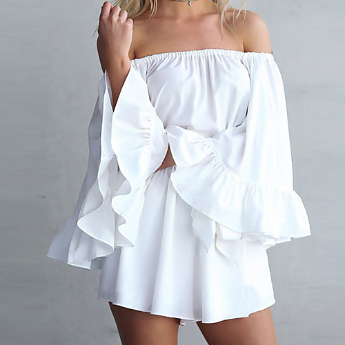 

Women's Streetwear Going out Boat Neck Off Shoulder White Blue Romper Color Block Solid Colored Backless Cotton