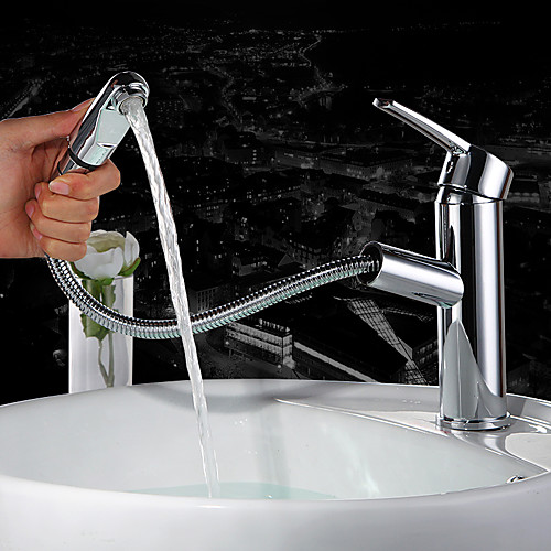 

Contemporary Centerset Pullout Spray Ceramic Valve Single Handle One Hole Chrome, Bathroom Sink Faucet