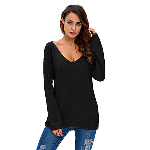 

Women's Casual Solid Colored Cardigan Long Sleeve Regular Sweater Cardigans Deep V Fall Black / Work