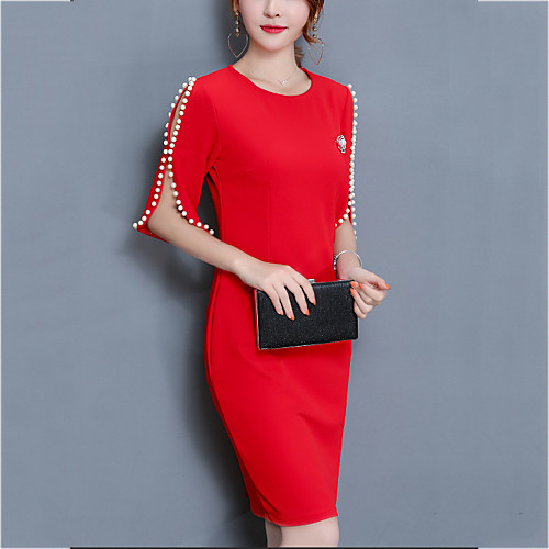 

Women's Sheath Dress Short Mini Dress Black Red Red Solid Colored Beaded Spring Round Neck Cotton S M L XL XXL 3XL 4XL 5XL / Plus Size