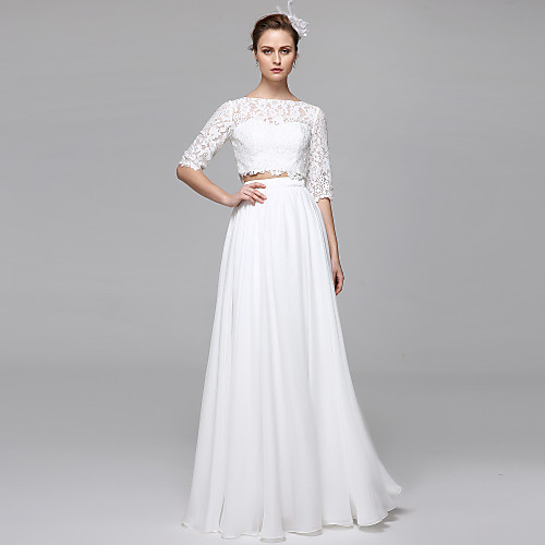 

Two Piece A-Line Wedding Dresses Bateau Neck Floor Length Chiffon Corded Lace Half Sleeve Formal Separate Bodies Illusion Sleeve with Draping Appliques 2021