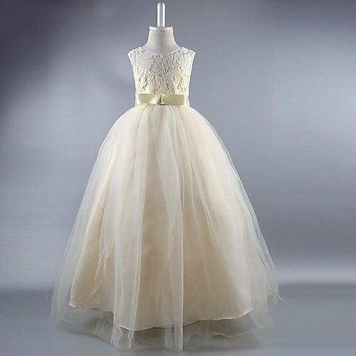 

Ball Gown Ankle Length Wedding / First Communion / Pageant Flower Girl Dresses - Satin Sleeveless Jewel Neck with Lace / Sash / Ribbon / Draping / Elegant / Beautiful Back / See Through