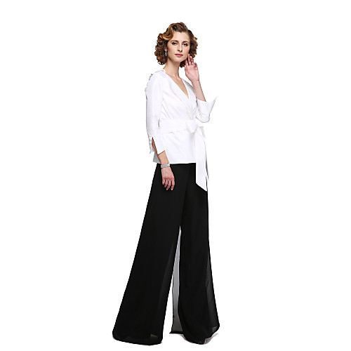 

Sheath / Column Pantsuit / Jumpsuit Mother of the Bride Dress Elegant V Neck Floor Length Chiffon Stretch Satin 3/4 Length Sleeve with Sash / Ribbon 2021