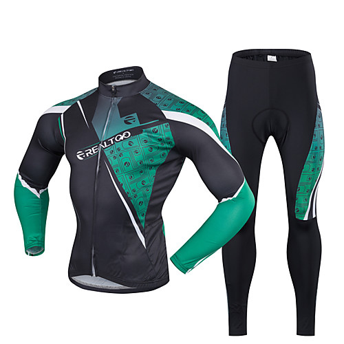 

Realtoo Men's Long Sleeve Cycling Jersey with Tights Winter Lycra Polyester Black / Green Bike Clothing Suit Breathable 3D Pad Quick Dry Ultraviolet Resistant Back Pocket Sports Classic Mountain Bike