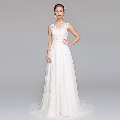 

A-Line Wedding Dresses V Neck Court Train Chiffon Lace Bodice Regular Straps Simple Illusion Detail Backless with Appliques 2021